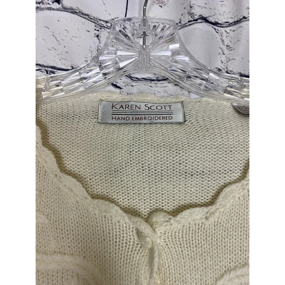 Vtg Wool Karen Scott Hand Embroidered Floral Oversized S Ivory Granny‎ Cardigan